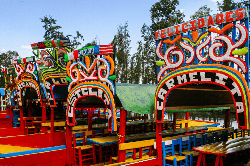 Colorful Xochimilco trajiinera boats in Mexico City 