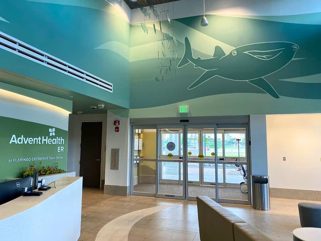 Lobby of AdventHealth ER at FLAMINGO CROSSINGS Town Center - featuring characters from Finding Dori movie