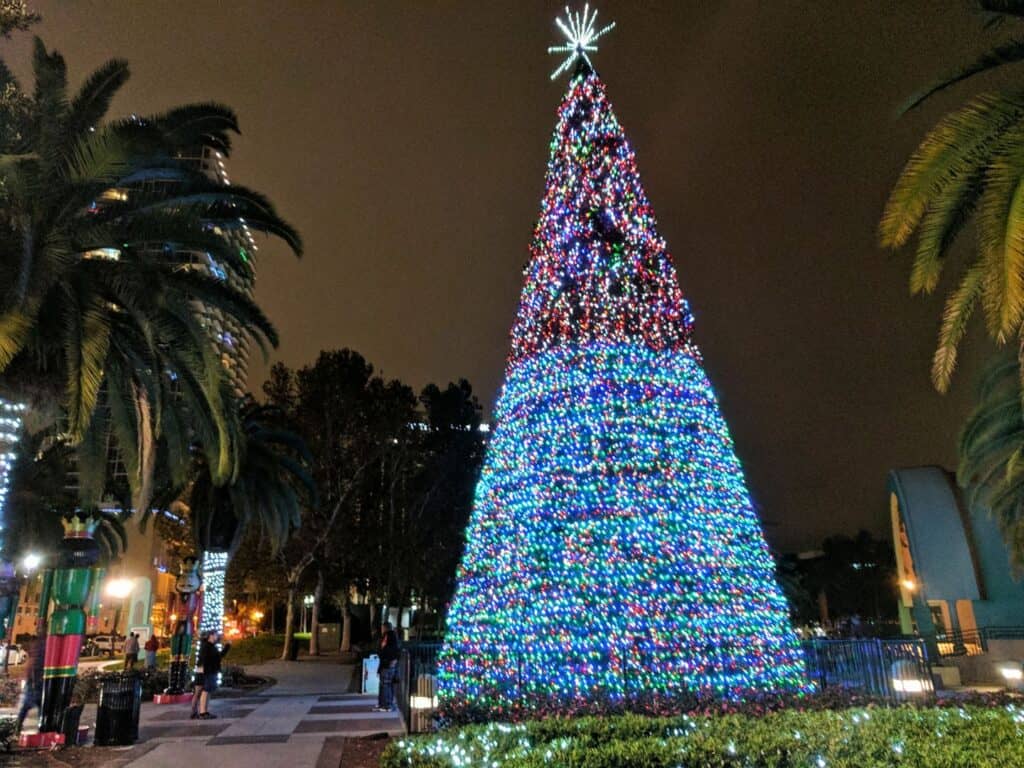 Christmas Tree at Lake Eola Park Orlando at night with lights on