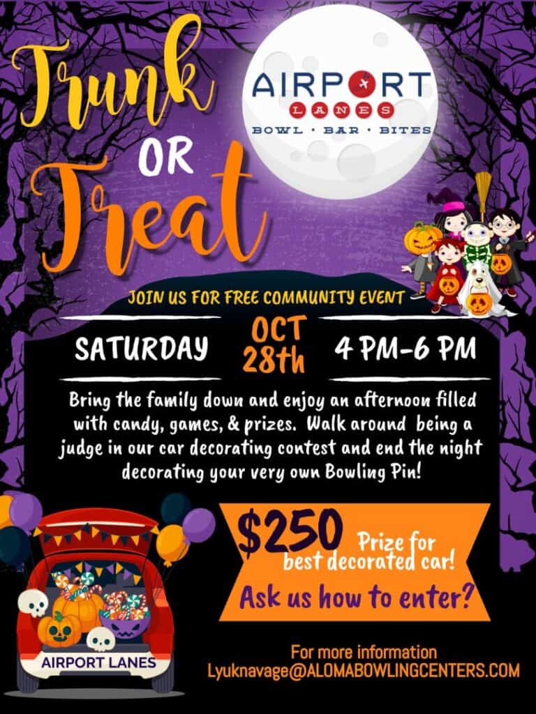 flyer for Airport Lanes Halloween Trunk or Treat event in Orlando