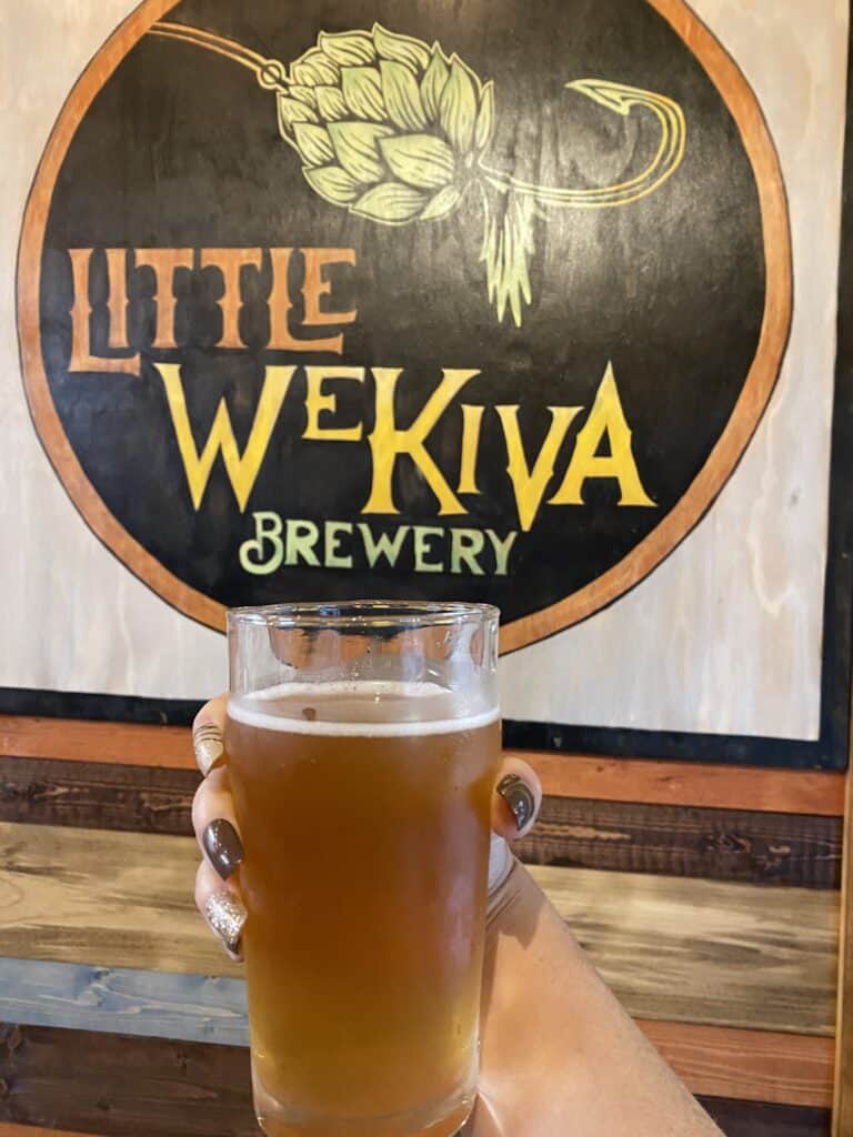 a woman holds up a beer in front of a Little Wekiva Brewery sign 