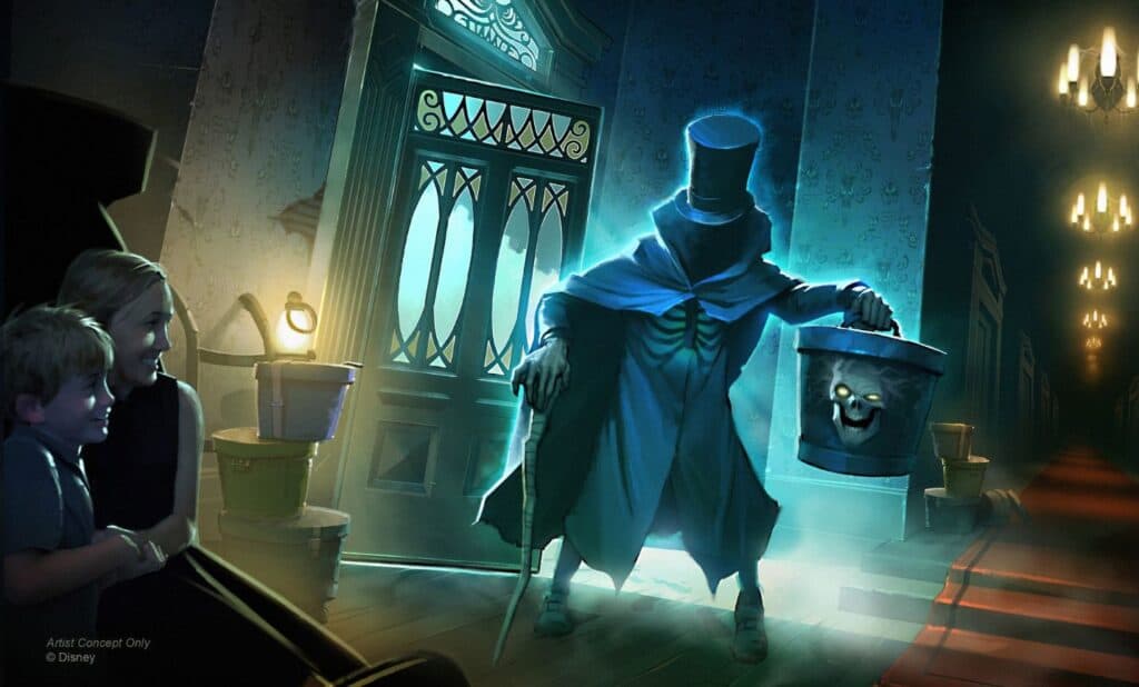 concept art of The Hatbox Ghost will be materializing in the Haunted Mansion as you pass the attraction’s Endless Hallway (Disney)