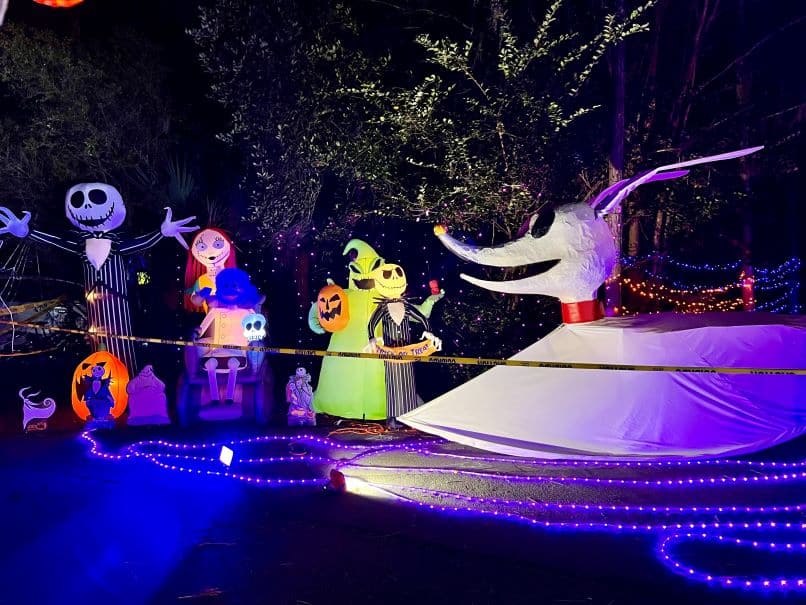 Nightmare Before Christmas Halloween Decorations at Fort Wilderness Campsite lit up for nighttime 
