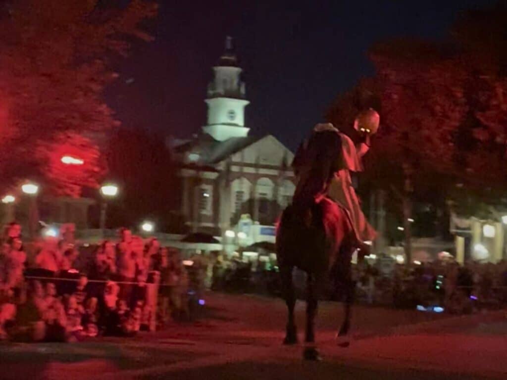 Headless Horseman riding down the streets of Magic Kingdom During Mickey's Not So Scary Halloween Party 