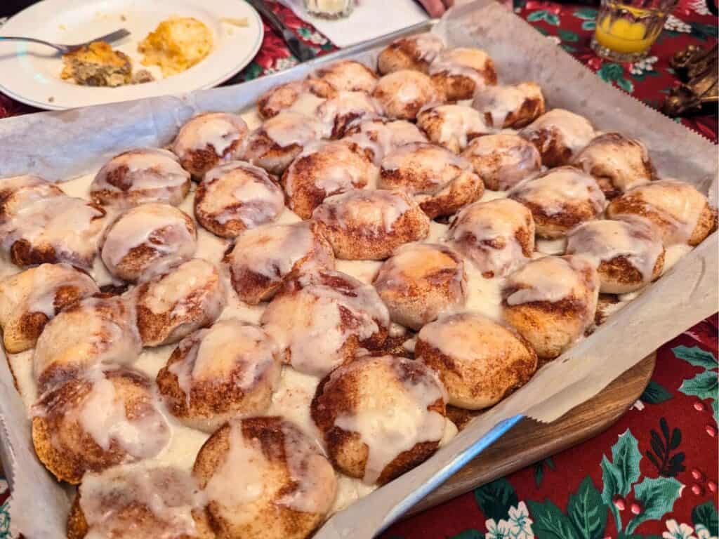 Cinnamon Buns on a pan for Thanksgiving Breakfast 