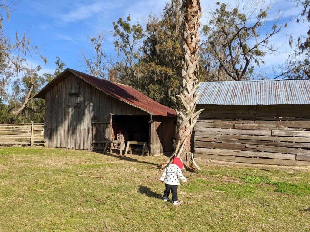 Image of a small child outside of a historic building at Dudley Farm Historic State Park