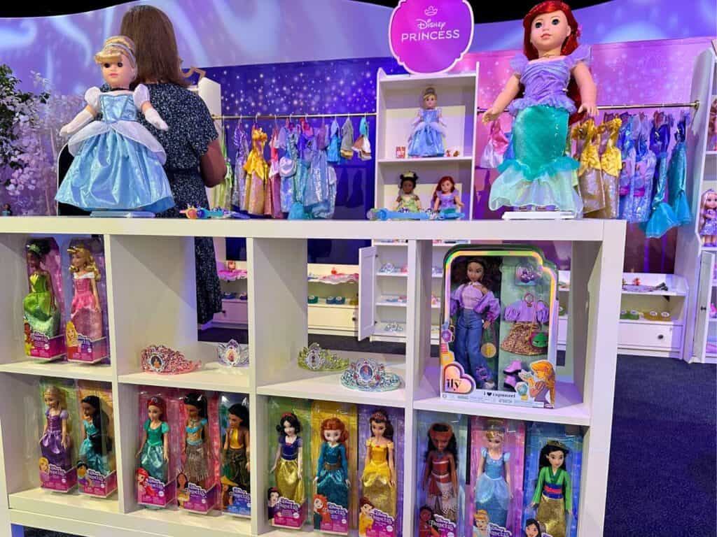 Disney Princess Mattel Dolls and Jakks Pacific Dolls on display