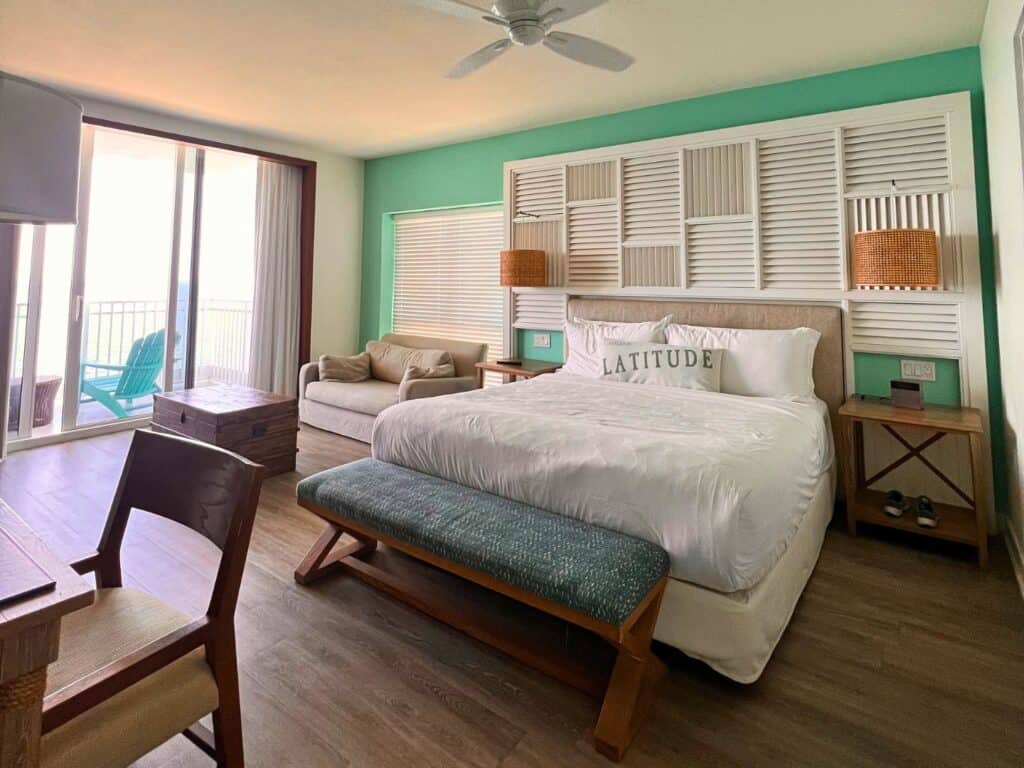 Margaritaville Beach Resort King Room with tropical decor and balcony