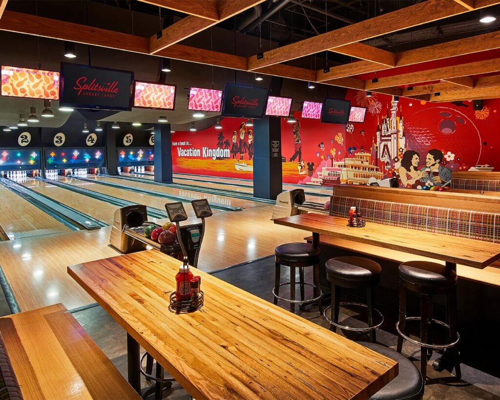 Splitsville Orlando Bowling Lanes with Retro Disney Themed mural - splitsvilleorlando