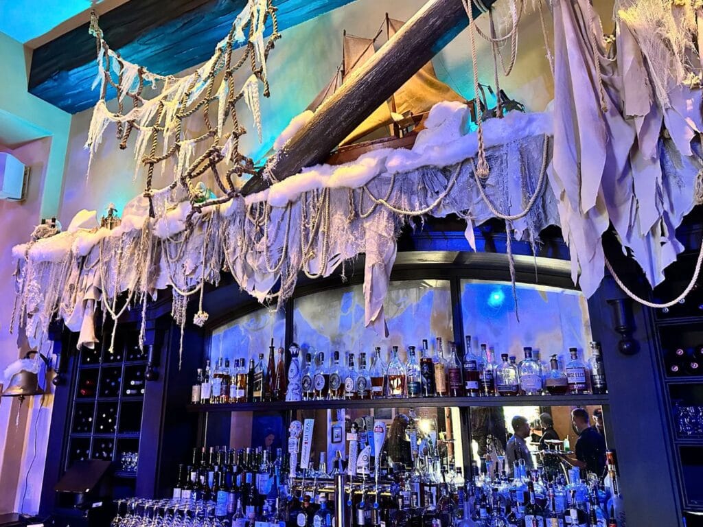 Frozen themed decorations on top of Thirsty Fish Bar at Loews Portofino Bay Resort - image by Dani Meyering