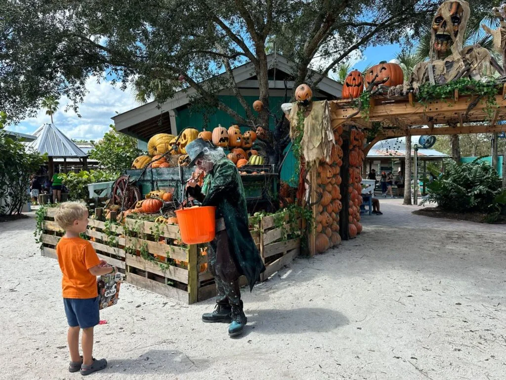 Young boy trick or treating at Gatorland Orlando with spooky decorations and characters