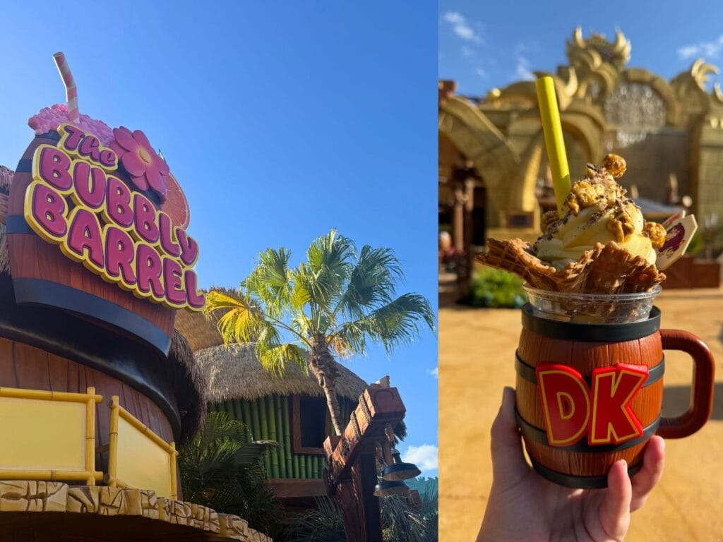 two images in a collage the DK Crush Float with banana and pineapple-flavored ice cream at the Bubbly Barrel Super Nintendo World - images by Jodi Caballero