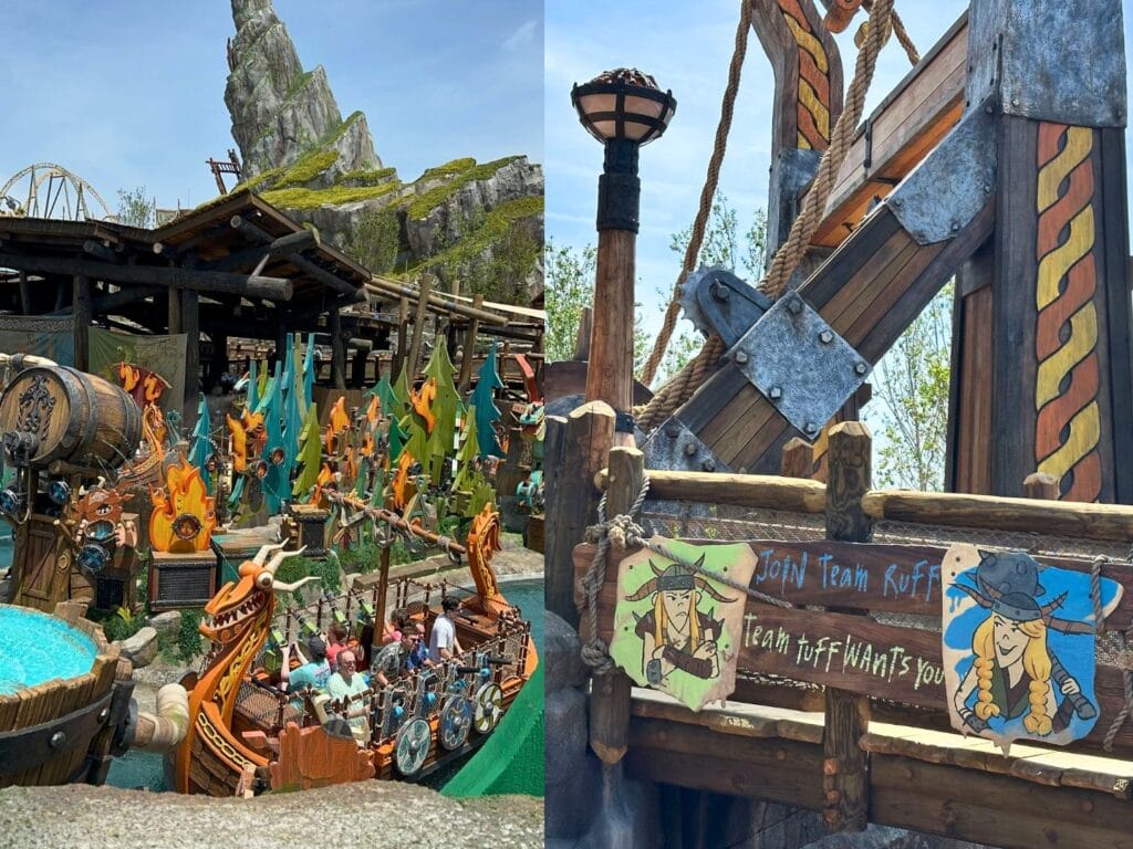 Tuffnut vs Ruffnut Decor for Fyre Drill Boat Ride and a look at the boat ride vehicle Isle of Berk Epic Universe - image by Dani Meyering