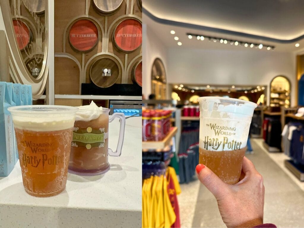 Cold Butterbeer at CityWalk Orlando being held by photographer's hand while standing in Universal Studio Store - image by Dani Meyering