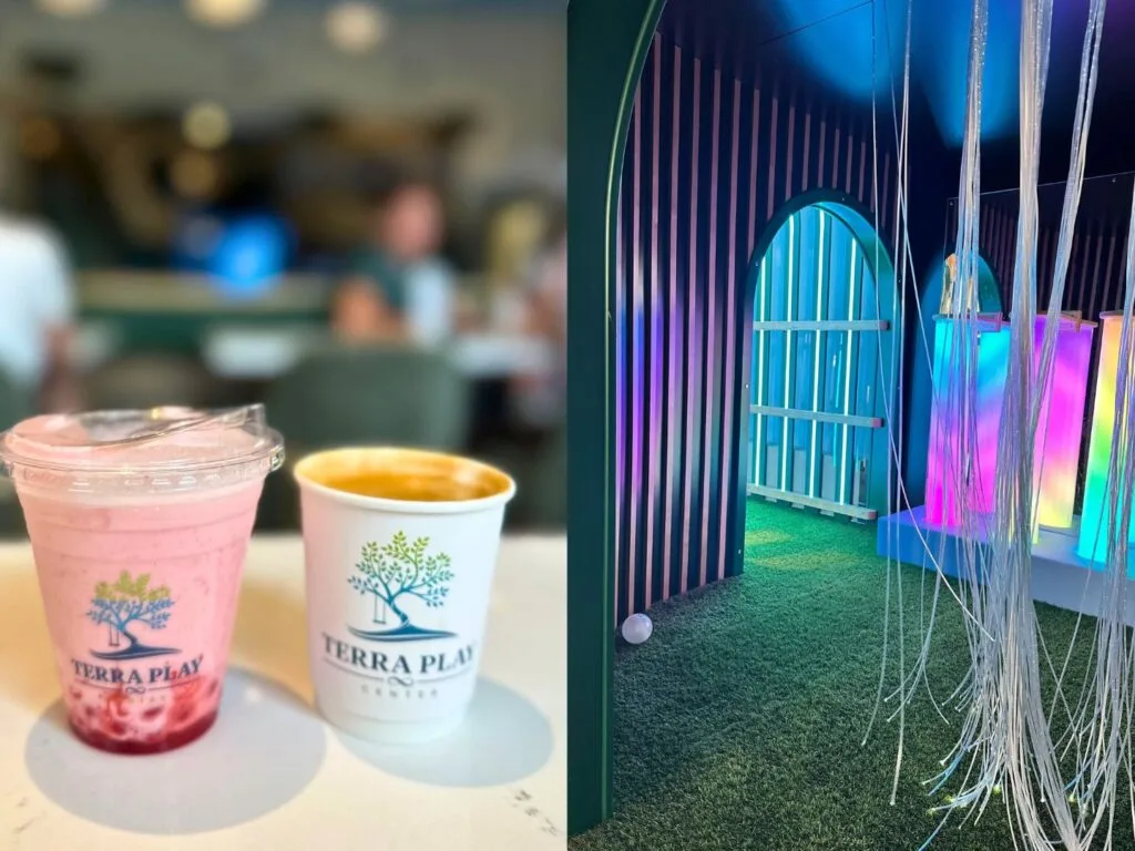 Strawberry Bubble Milk and Flat White collage with sensory lights at Terra Play Center - image by Dani Meyering