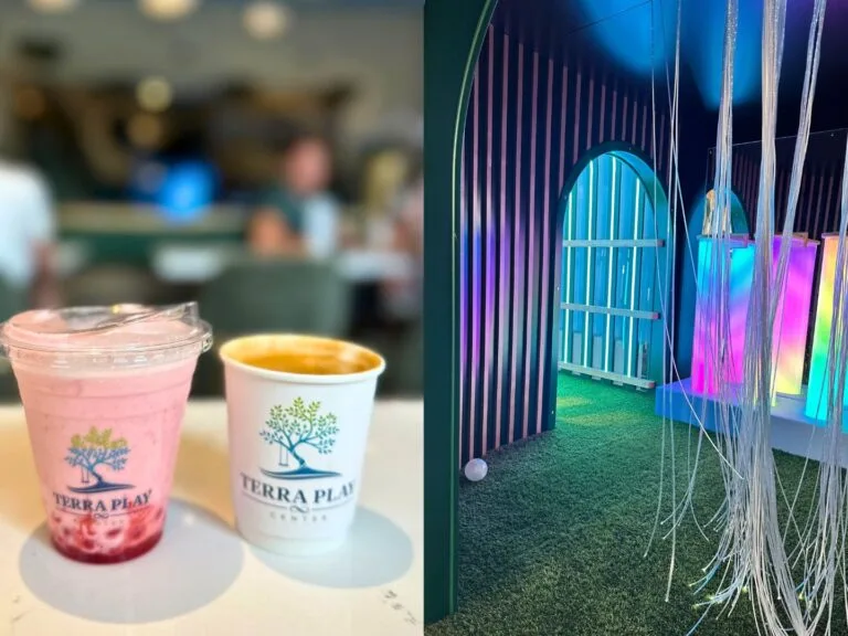 Strawberry Bubble Milk and Flat White collage with sensory lights at Terra Play Center - image by Dani Meyering