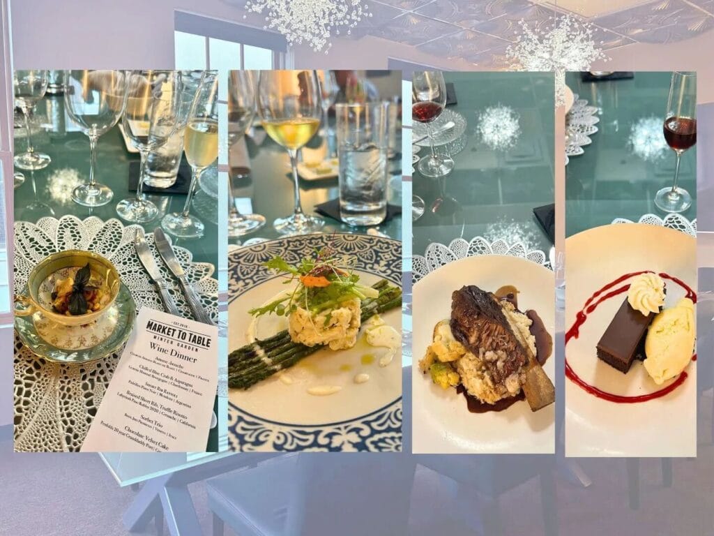 Wine Dinner for Mother's Day, photos of four courses in a collage