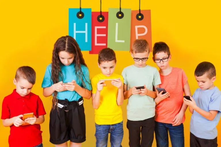 Kids Technology and Safety Tips - kids on phones and tablets Canva graphic