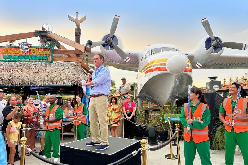 Hemisphere Dancer Seaplane rededication homecoming celebration at Margaritaville Orlando Dan Leonard on stage speech - image by Dani Meyering