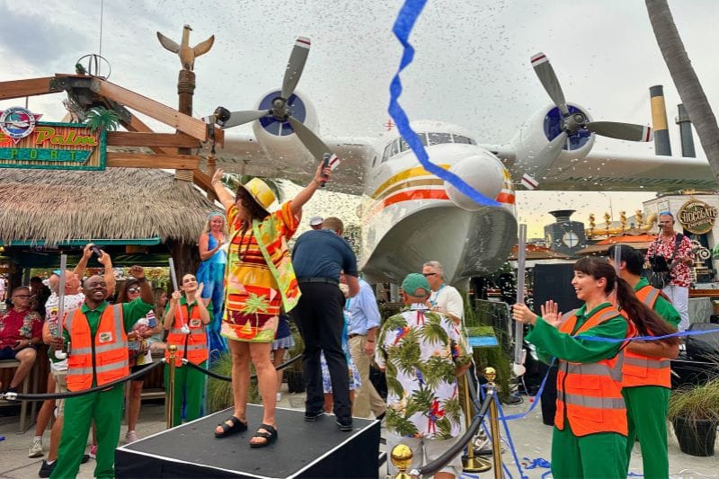 Hemisphere Dancer Seaplane rededication homecoming celebration at Margaritaville Orlando Savannah Buffett on stage confetti - image by Dani Meyering