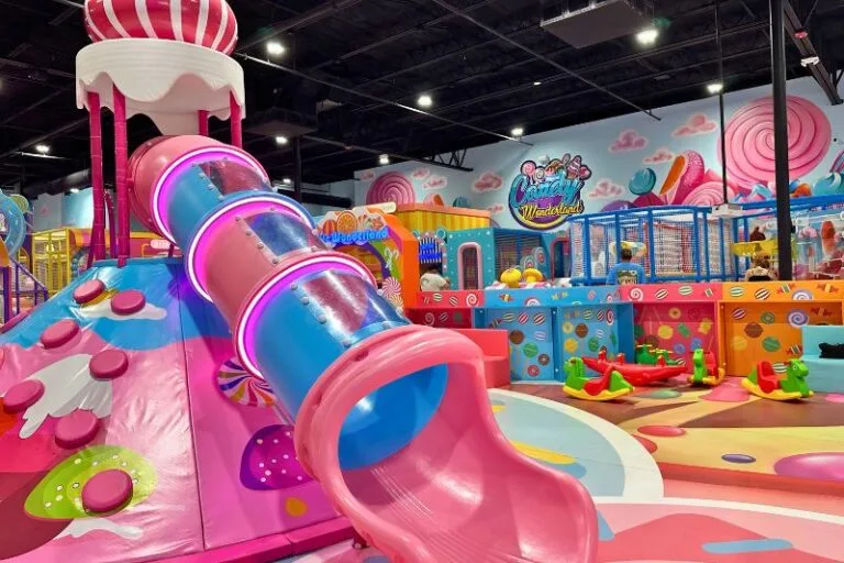 Candy Wonderland in Palm Bay volcano slide with toddler area behind it - image by Dani Meyering