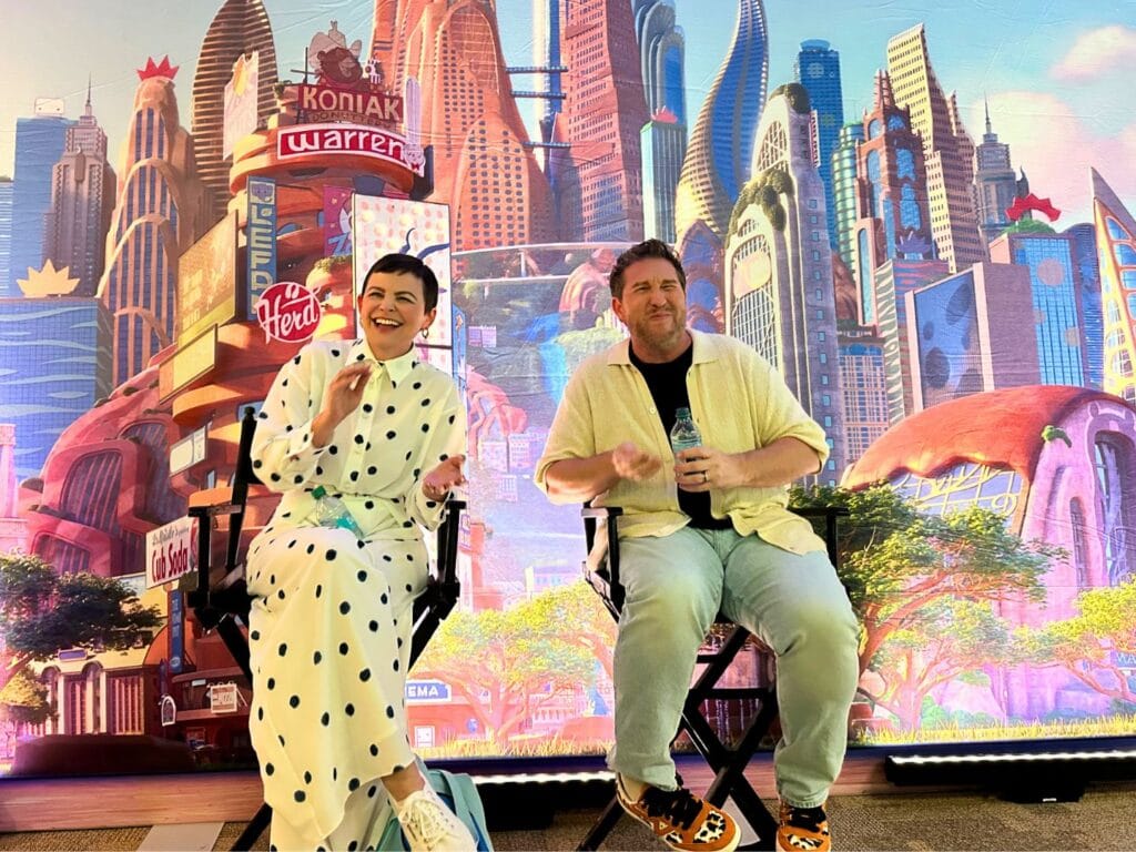 Ginnifer Goodwin and Nate Torrence share a laugh and talk to press about Zootopia Better Zoogether at Animal Kingdom - image by Dani Meyering