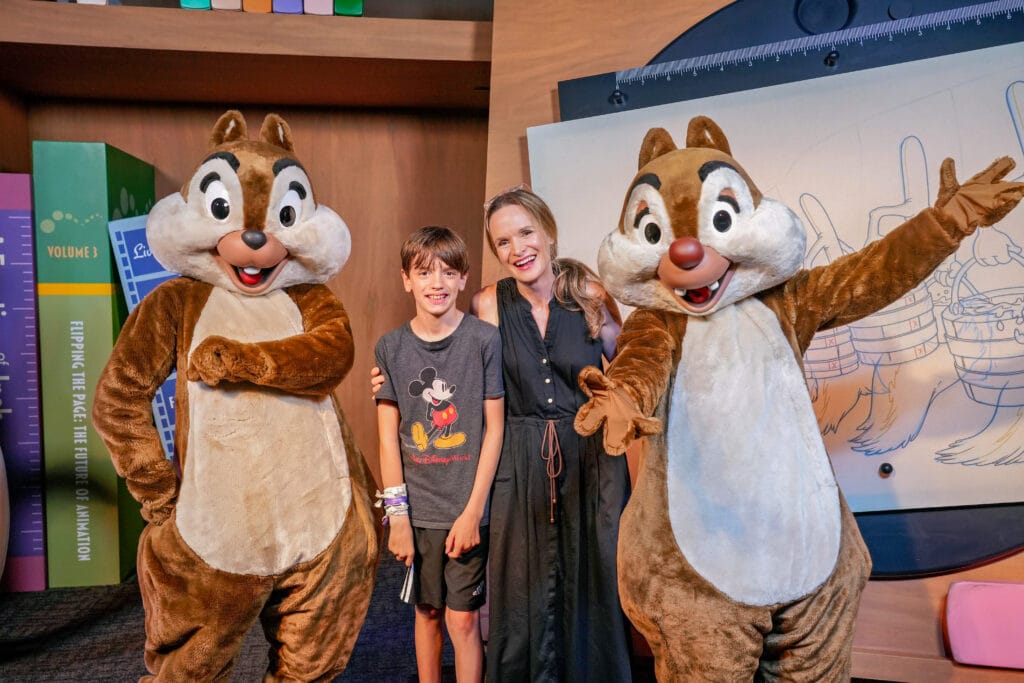 We loved meeting Chip and Dale at Off the Page in The Magic of Disney Animation. Notice the hand-drawn sketches in the background on the animator's desk?