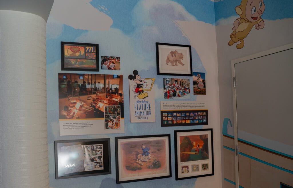 A photo wall with nods to Disney Feature Animation Florida at The Magic of Disney Animation.
