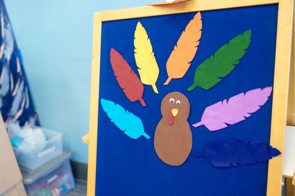 A colorful handmade turkey craft