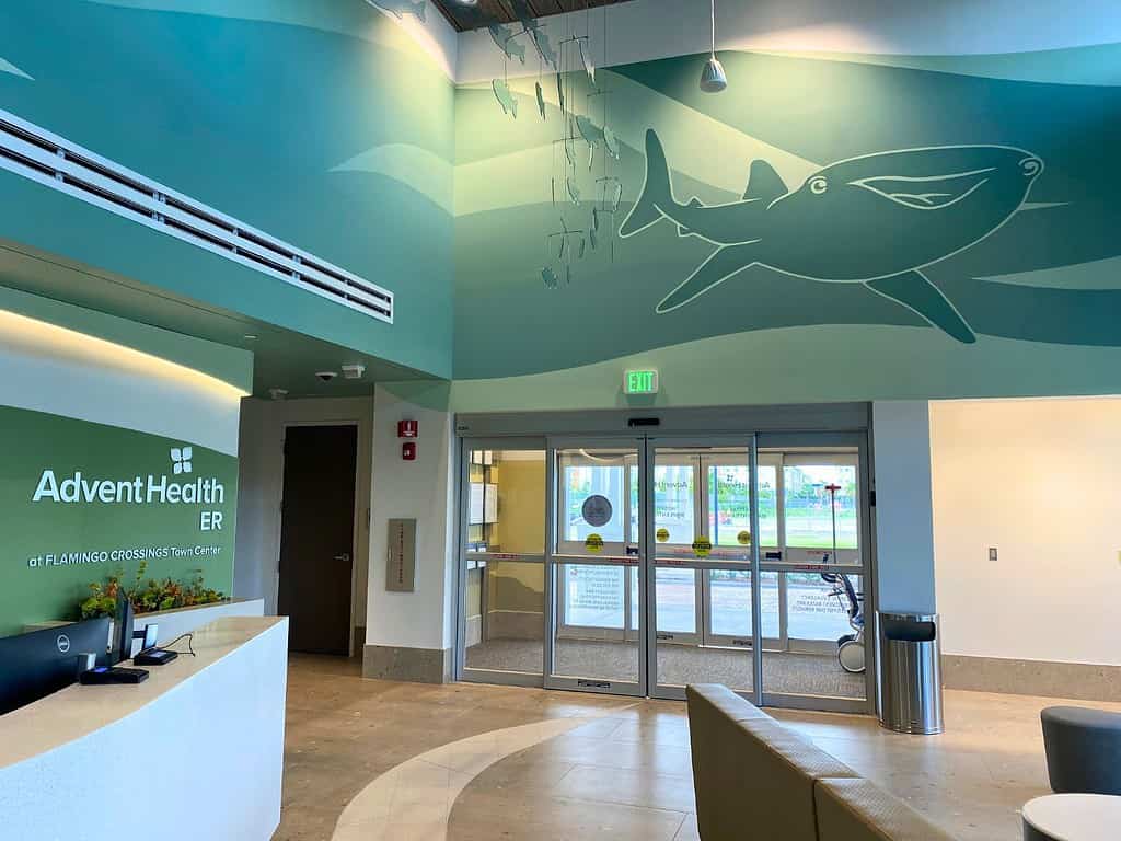 Lobby-of-AdventHealth-ER-at-FLAMINGO-CROSSINGS-Town-Center-image-by-Dani-Meyering - Orlando Parenting Magazine Lobby of AdventHealth ER at FLAMINGO CROSSINGS Town Center - featuring characters from Finding Dori movie