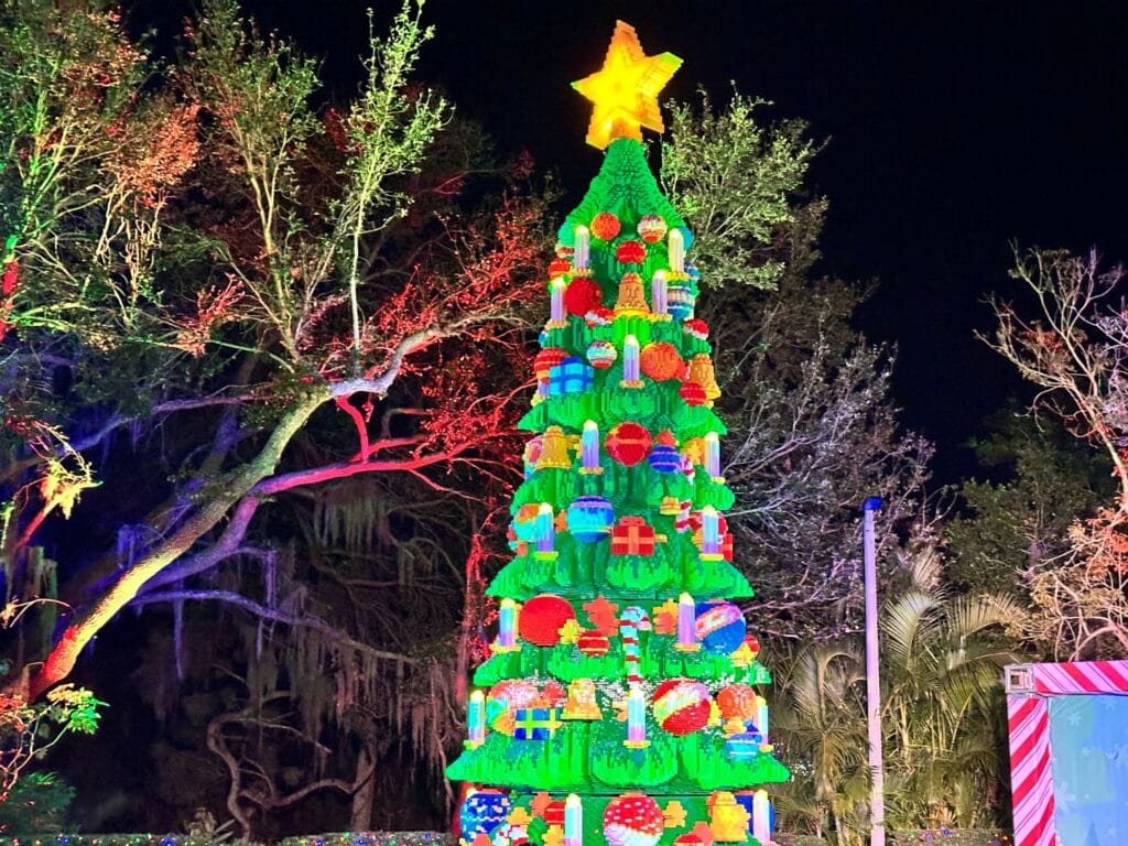 New LEGO Christmas Tree lit up at night Holidays at LEGOLAND Florida - image by Laura Byrne