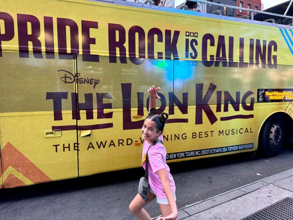 Annika Franklin Kids to Know Orlando in New York City Lion King Broadway bus