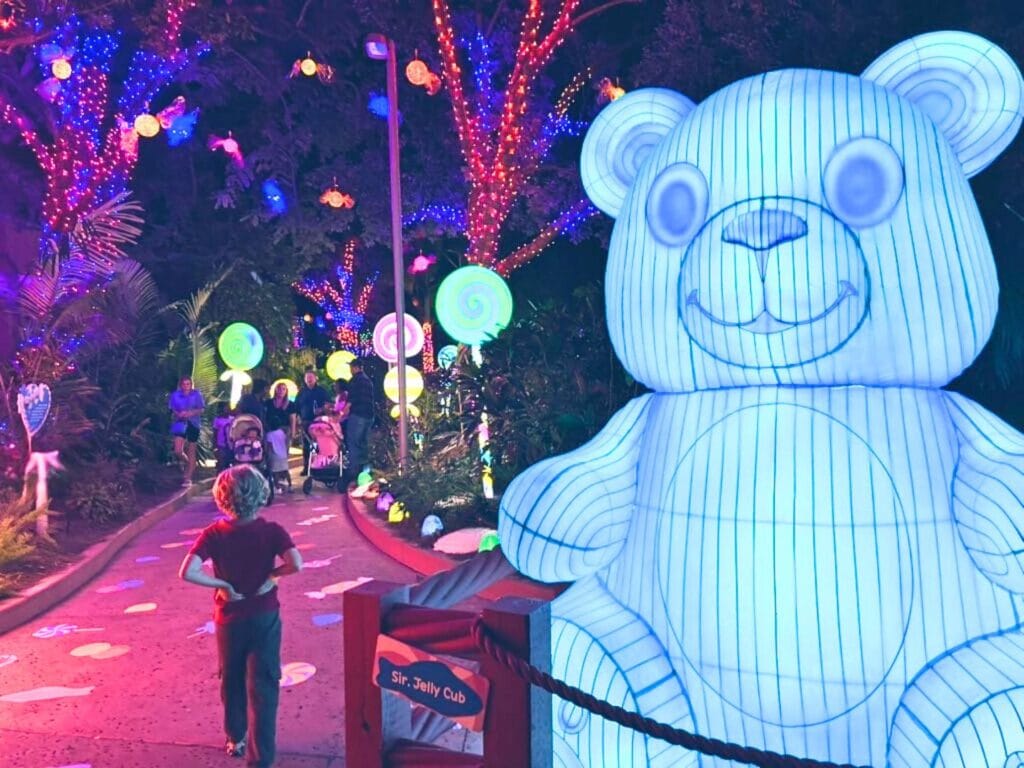 Young boy walking the Candy realm with Christmas Lights and Lanterns ILLUMINATE Aquatica - image by Dani Meyering